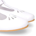 Little Girl T-Strap OKAA Mary Jane shoes in white patent leather.