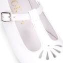 Little Girl T-Strap OKAA Mary Jane shoes in white patent leather.