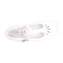 Little Girl T-Strap OKAA Mary Jane shoes in white patent leather.