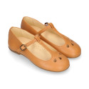 Girl T-BAR Mary Jane shoes in Camel soft Nappa leather with petals design.