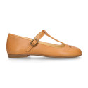 Girl T-BAR Mary Jane shoes in Camel soft Nappa leather with petals design.