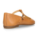 Girl T-BAR Mary Jane shoes in Camel soft Nappa leather with petals design.