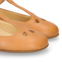 Girl T-BAR Mary Jane shoes in Camel soft Nappa leather with petals design.