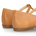 Girl T-BAR Mary Jane shoes in Camel soft Nappa leather with petals design.