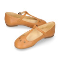 Girl T-BAR Mary Jane shoes in Camel soft Nappa leather with petals design.