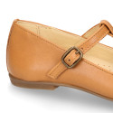 Girl T-BAR Mary Jane shoes in Camel soft Nappa leather with petals design.