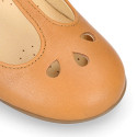 Girl T-BAR Mary Jane shoes in Camel soft Nappa leather with petals design.