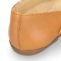 Girl T-BAR Mary Jane shoes in Camel soft Nappa leather with petals design.