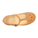 Girl T-BAR Mary Jane shoes in Camel soft Nappa leather with petals design.