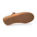 Girl T-BAR Mary Jane shoes in Camel soft Nappa leather with petals design.