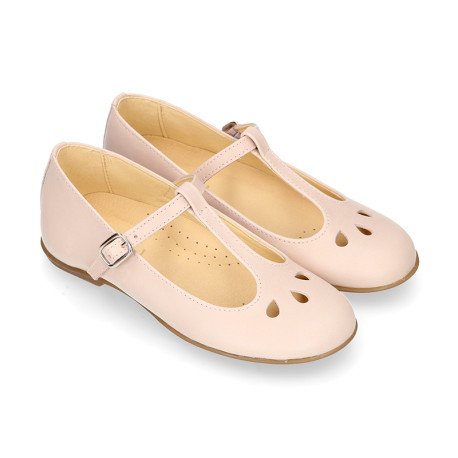 Girl T-BAR Mary Jane shoes in Nude soft Nappa leather with petals design.