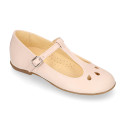 Girl T-BAR Mary Jane shoes in Nude soft Nappa leather with petals design.