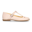 Girl T-BAR Mary Jane shoes in Nude soft Nappa leather with petals design.