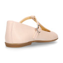 Girl T-BAR Mary Jane shoes in Nude soft Nappa leather with petals design.