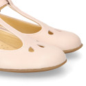 Girl T-BAR Mary Jane shoes in Nude soft Nappa leather with petals design.