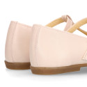 Girl T-BAR Mary Jane shoes in Nude soft Nappa leather with petals design.