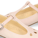 Girl T-BAR Mary Jane shoes in Nude soft Nappa leather with petals design.