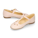 Girl T-BAR Mary Jane shoes in Nude soft Nappa leather with petals design.