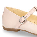 Girl T-BAR Mary Jane shoes in Nude soft Nappa leather with petals design.