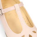 Girl T-BAR Mary Jane shoes in Nude soft Nappa leather with petals design.