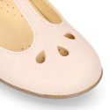 Girl T-BAR Mary Jane shoes in Nude soft Nappa leather with petals design.