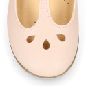 Girl T-BAR Mary Jane shoes in Nude soft Nappa leather with petals design.