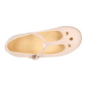 Girl T-BAR Mary Jane shoes in Nude soft Nappa leather with petals design.