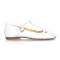 Girl T-BAR Mary Jane shoes in White soft Nappa leather with petals design.