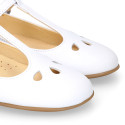 Girl T-BAR Mary Jane shoes in White soft Nappa leather with petals design.