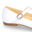 Girl T-BAR Mary Jane shoes in White soft Nappa leather with petals design.