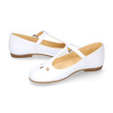 Girl T-BAR Mary Jane shoes in White soft Nappa leather with petals design.