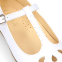 Girl T-BAR Mary Jane shoes in White soft Nappa leather with petals design.