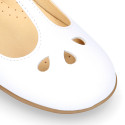 Girl T-BAR Mary Jane shoes in White soft Nappa leather with petals design.