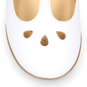 Girl T-BAR Mary Jane shoes in White soft Nappa leather with petals design.