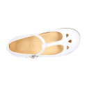 Girl T-BAR Mary Jane shoes in White soft Nappa leather with petals design.