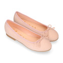 Soft suede leather classic girl ballet flats with adjustable ribbon in pastel colors.