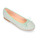 Soft suede leather classic girl ballet flats with adjustable ribbon in pastel colors.