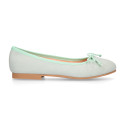 Soft suede leather classic girl ballet flats with adjustable ribbon in pastel colors.