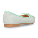 Soft suede leather classic girl ballet flats with adjustable ribbon in pastel colors.