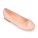 Soft suede leather classic girl ballet flats with adjustable ribbon in pastel colors.