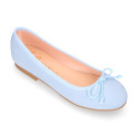 Soft suede leather classic girl ballet flats with adjustable ribbon in pastel colors.