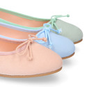 Soft suede leather classic girl ballet flats with adjustable ribbon in pastel colors.