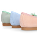 Soft suede leather classic girl ballet flats with adjustable ribbon in pastel colors.