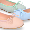 Soft suede leather classic girl ballet flats with adjustable ribbon in pastel colors.