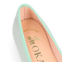 Soft suede leather classic girl ballet flats with adjustable ribbon in pastel colors.