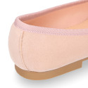 Soft suede leather classic girl ballet flats with adjustable ribbon in pastel colors.