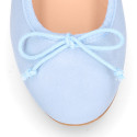 Soft suede leather classic girl ballet flats with adjustable ribbon in pastel colors.