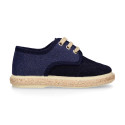 Linen canvas combined with suede leather Oxford style espadrille shoes in natural color.