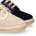 Linen canvas combined with suede leather Oxford style espadrille shoes in natural color.