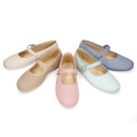 Linen cotton stylized Girl Mary Jane shoes with buckle fastening.